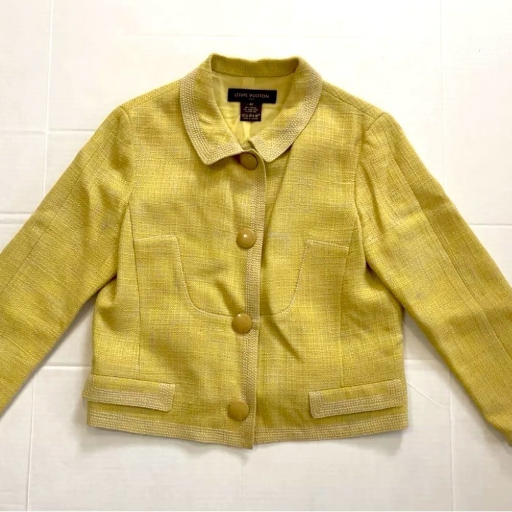 Louis Vuitton Wool Silk Blend Yellow Evening Pea Coat Y2K Doublure Lining Sz 42